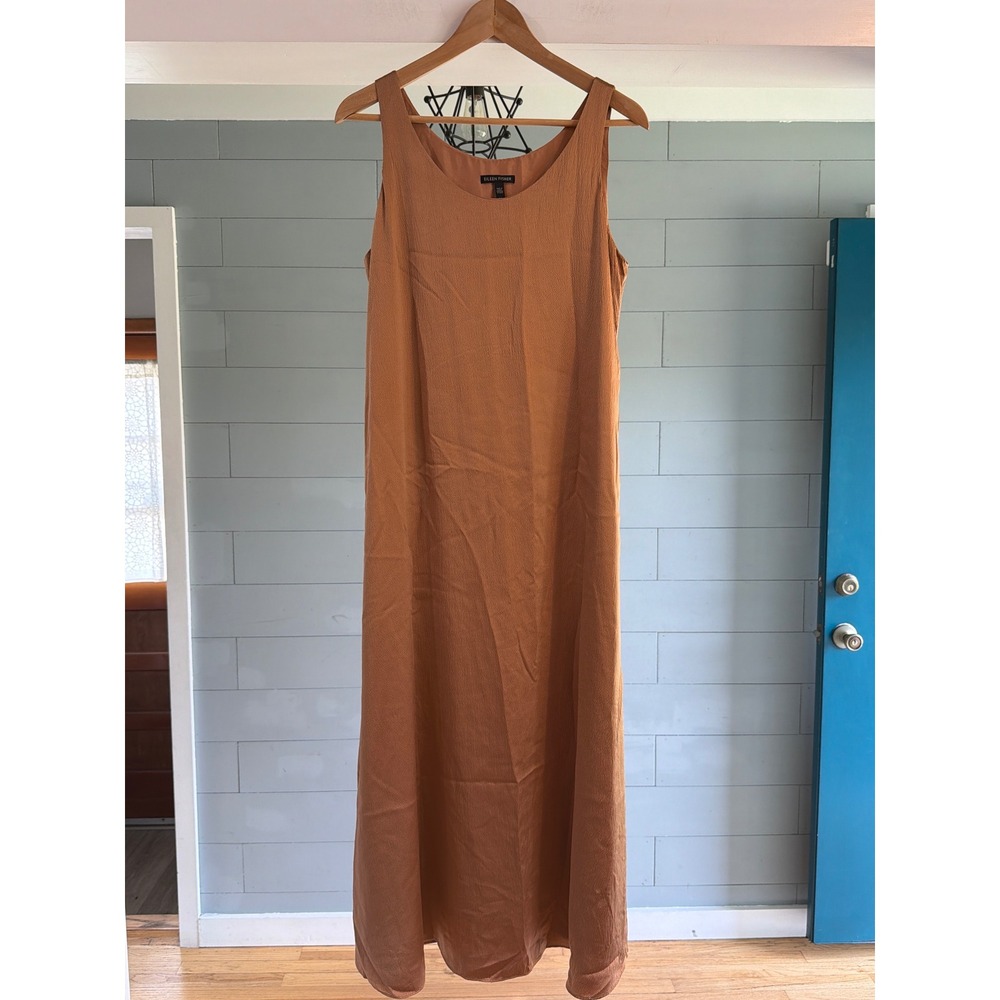 Eileen Fisher Silk Maxi Dress Terracotta Copper Sleeveless Shift Scoop Neck S